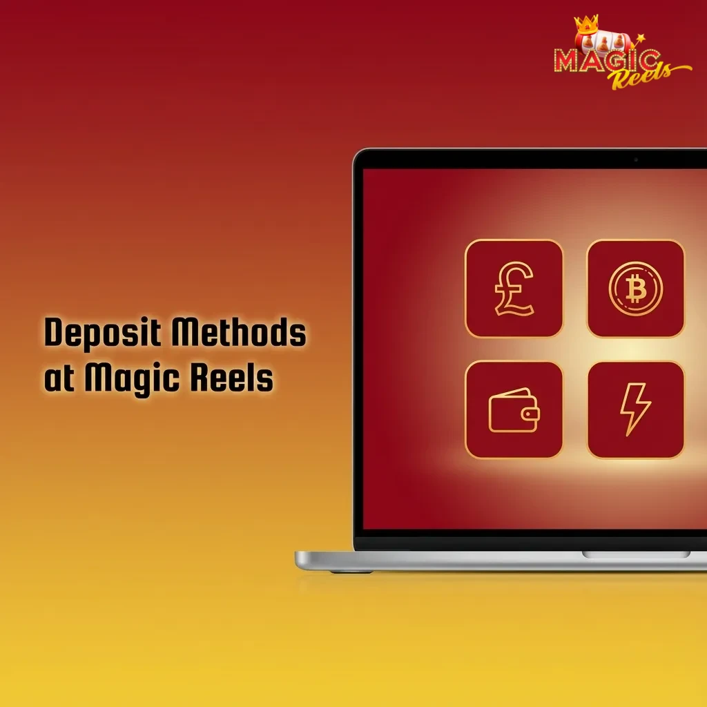 Illustration of Magic Reels UK deposit screen with bank card and e-wallet icons highlighting fast, secure payment options