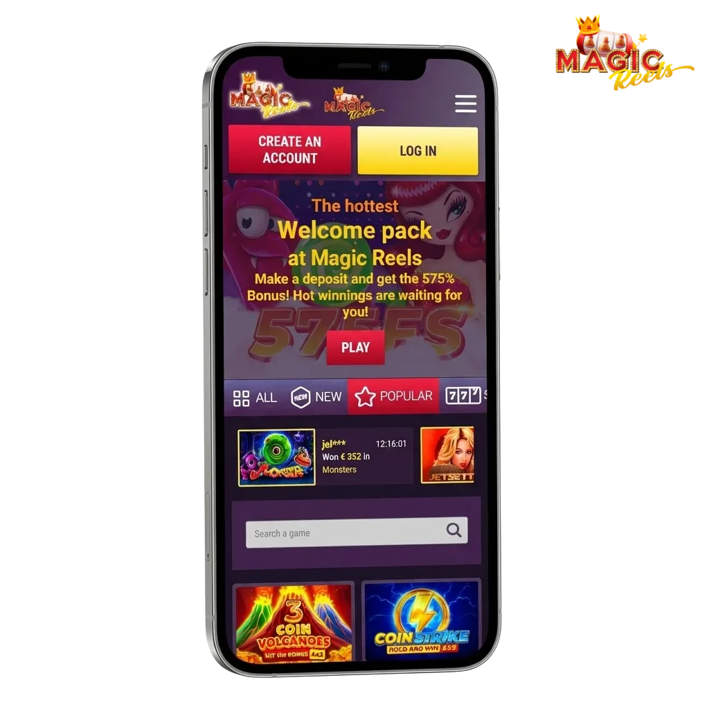 Magic Reels app promo screen showing bonuses, sports betting, casino games, crypto and card payments on mobile devices.