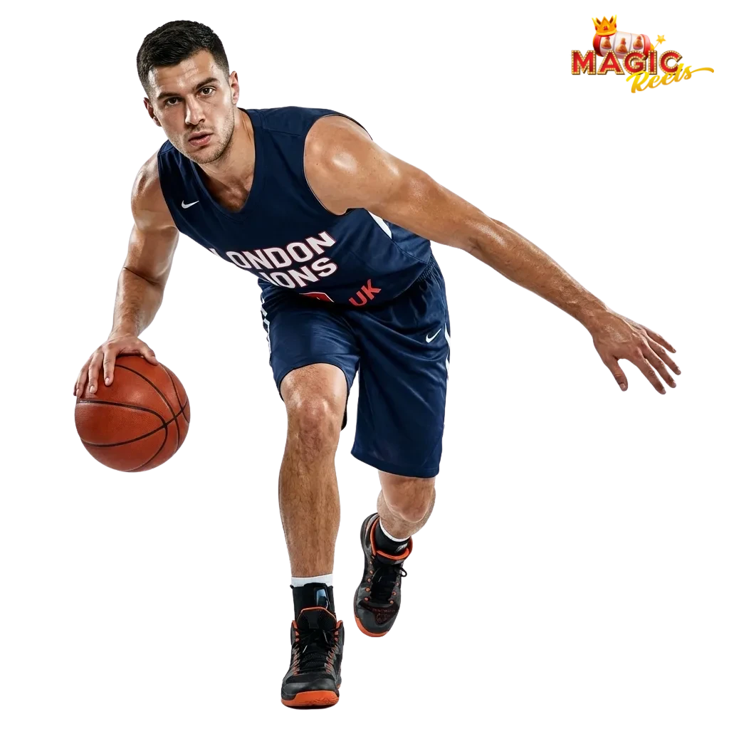 Smartphone showing Magic Reels UK site with betting options for sports, slots, live dealer and responsible gaming reminders