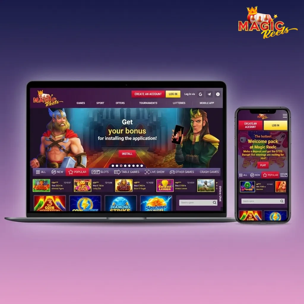 Magic Reels UK website interface showing top navigation, account info, balance, and bet slip in clear sections