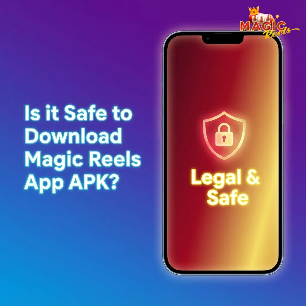 Phone screen showing Magic Reels app with security icons, SSL lock, and text about licensed, encrypted betting safety