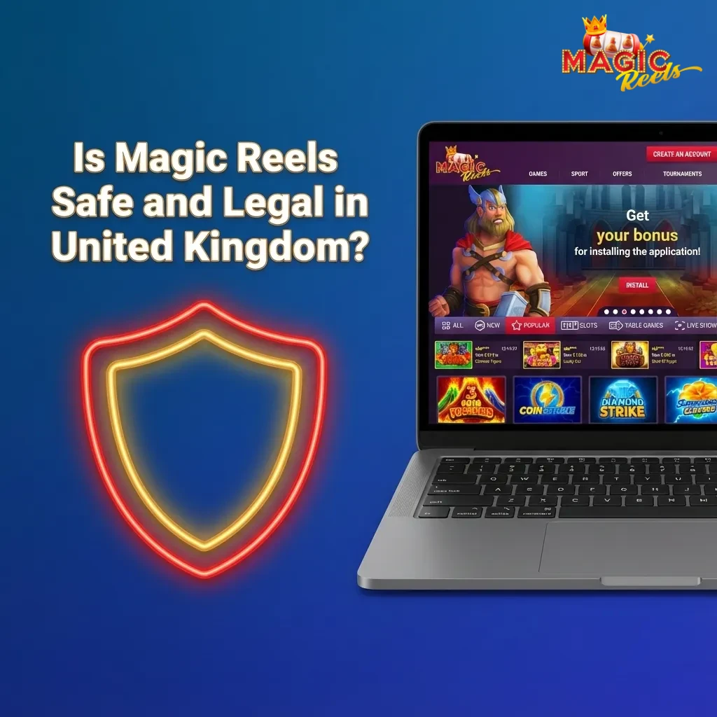 Magic Reels casino site on a laptop with padlock icon, highlighting SSL security and legal UK online betting