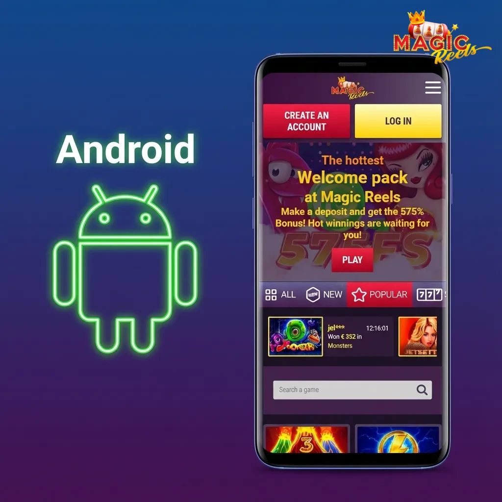 Android phone screen showing Magic Reels betting app download and installation steps with APK highlighted