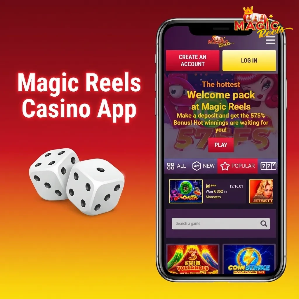 Smartphone screen showing Magic Reels casino app with slots, live roulette and blackjack, and sports and casino tabs