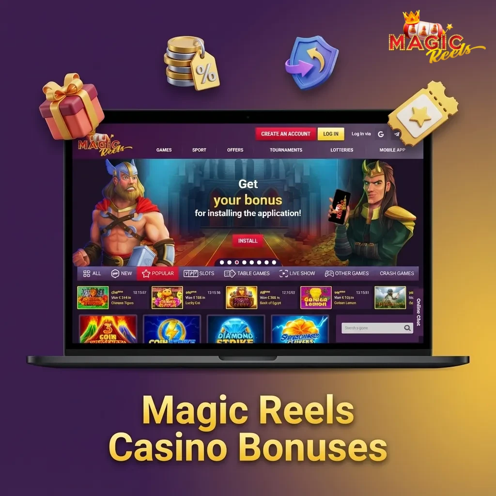 Magic Reels Casino bonuses collage showing reload offers, weekly free spins, cashback, and live dealer table promotions