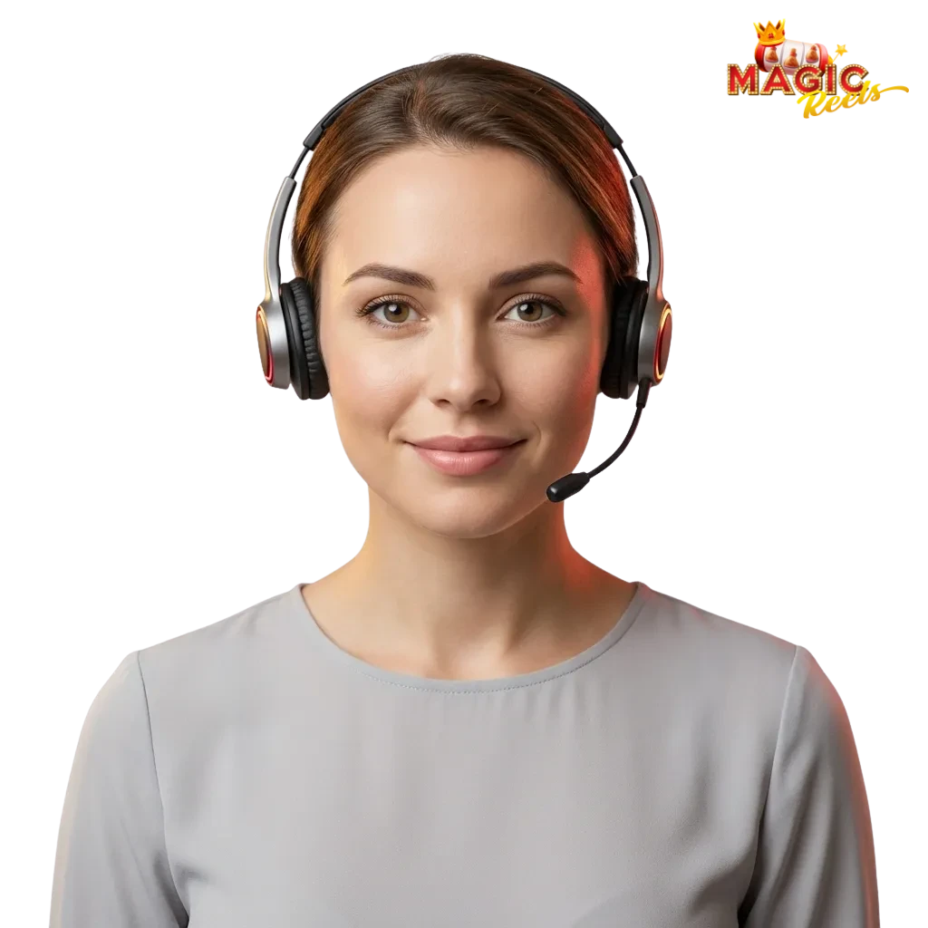 Magic Reels UK support contact options page showing email, live chat, phone, messaging apps, and social media icons