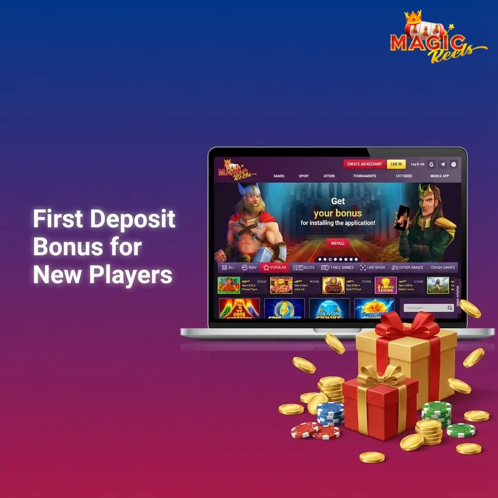 Banner showing “Magic Reels First Deposit Bonus” with UK flag, 200%–150% tiered offers and casino and sports icons
