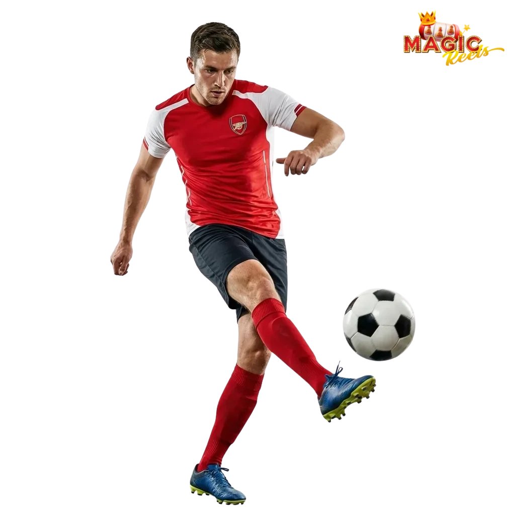 Illustration of Magic Reels football betting interface with UK fixtures, odds, stakes and bonus offer highlighted