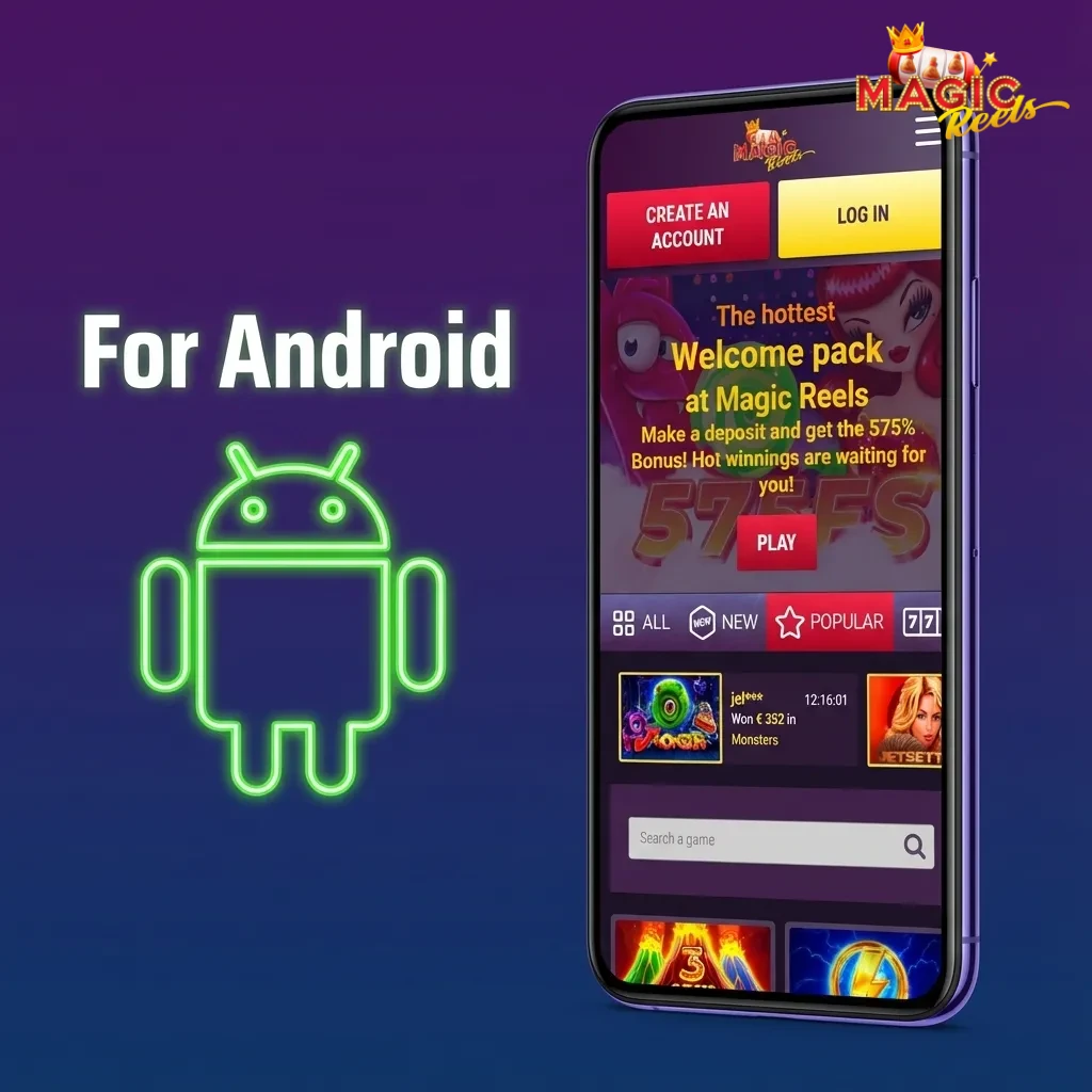 Android phone screen showing Magic Reels app install steps and casino game icons on the home screen