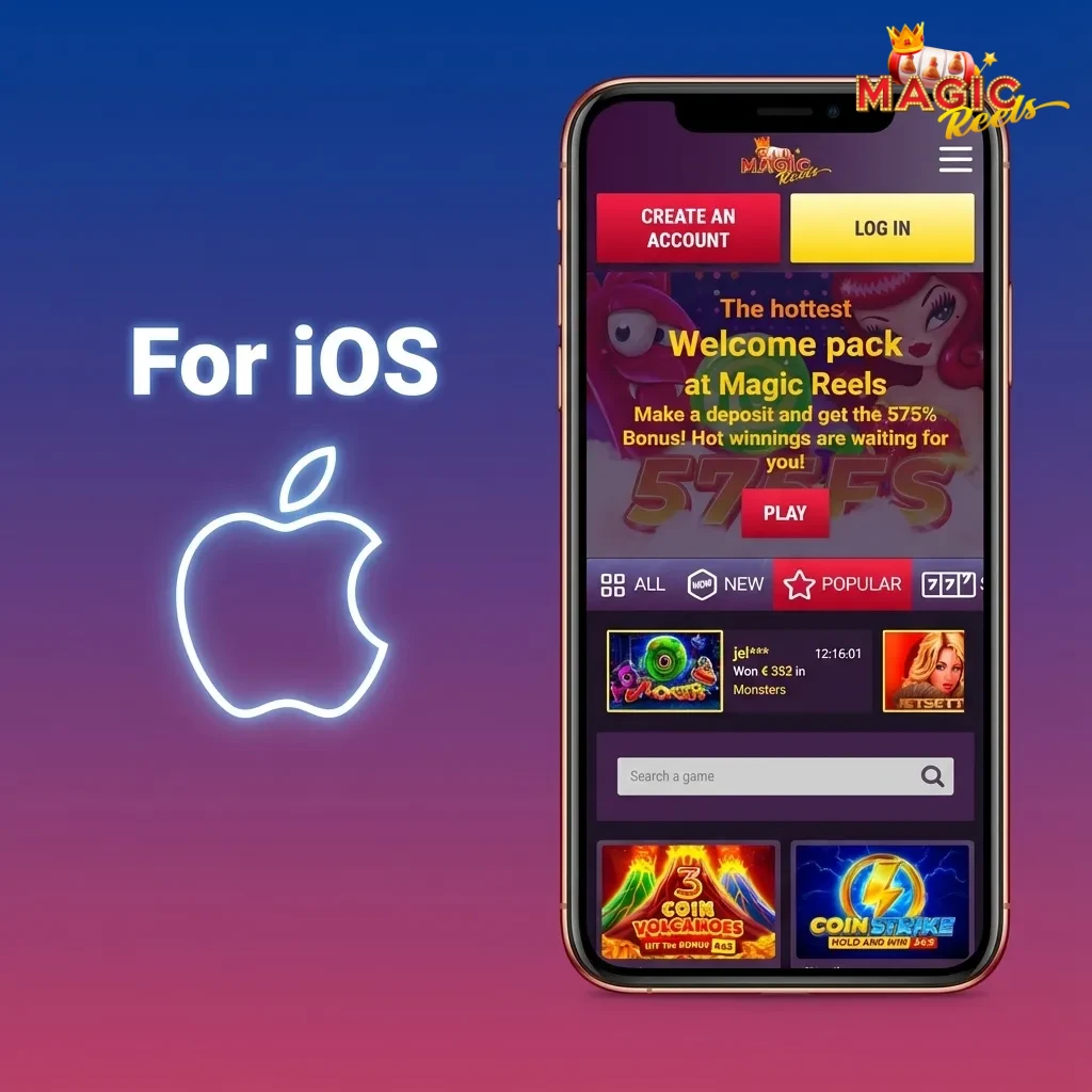 Illustration of Magic Reels casino app on an iPhone, highlighting iOS download, install, login, and notification steps.