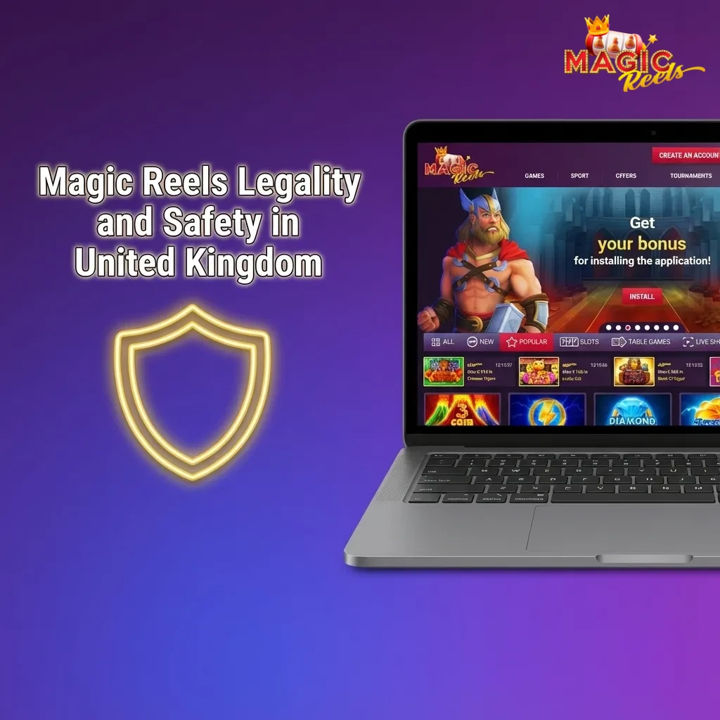 Illustration of Magic Reels UK safety: Curacao licence, SSL lock, privacy shield, and responsible gambling tools