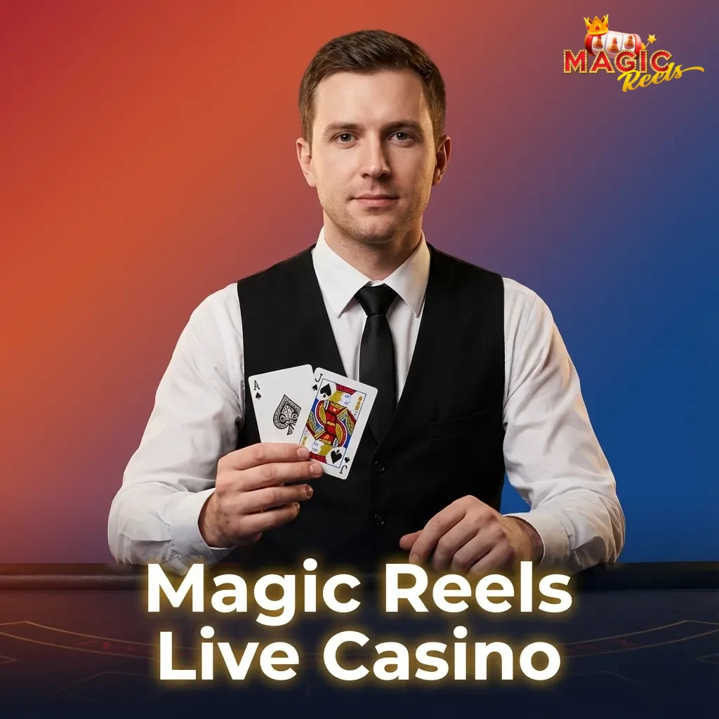 Magic Reels live casino lobby with real dealers hosting roulette, blackjack, baccarat and colorful game show wheels