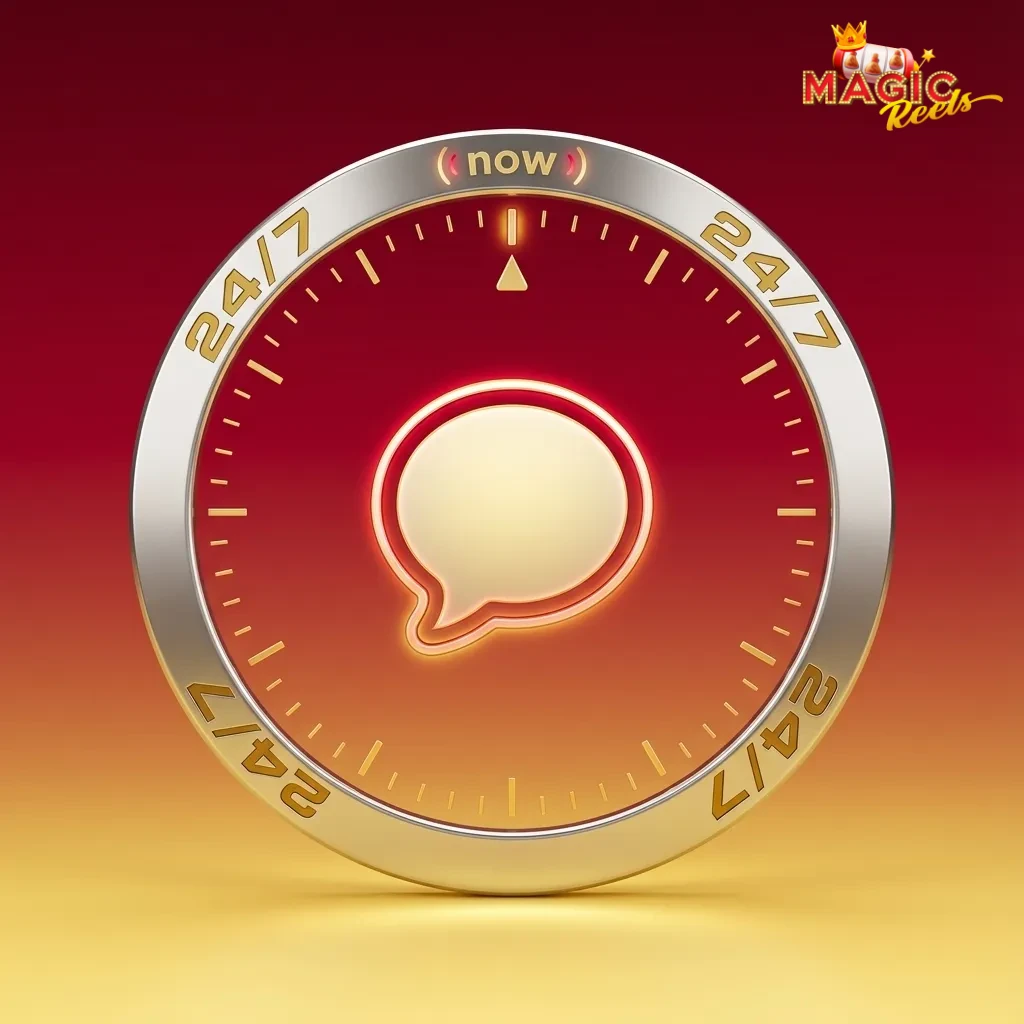 Magic Reels live chat window open on a laptop and smartphone, showing a support agent assisting a player in real time