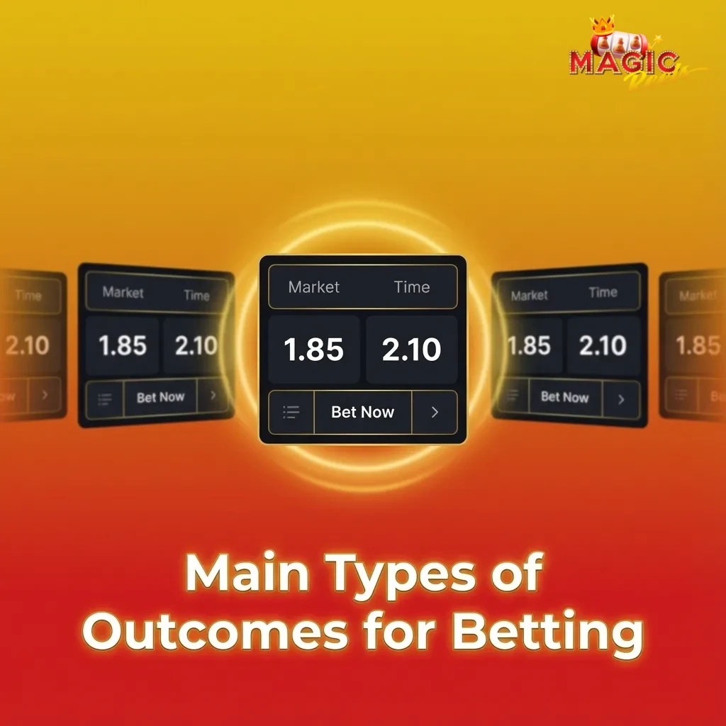 Infographic listing main betting outcome types: 1X2, over/under, handicap, BTTS, and player performance markets