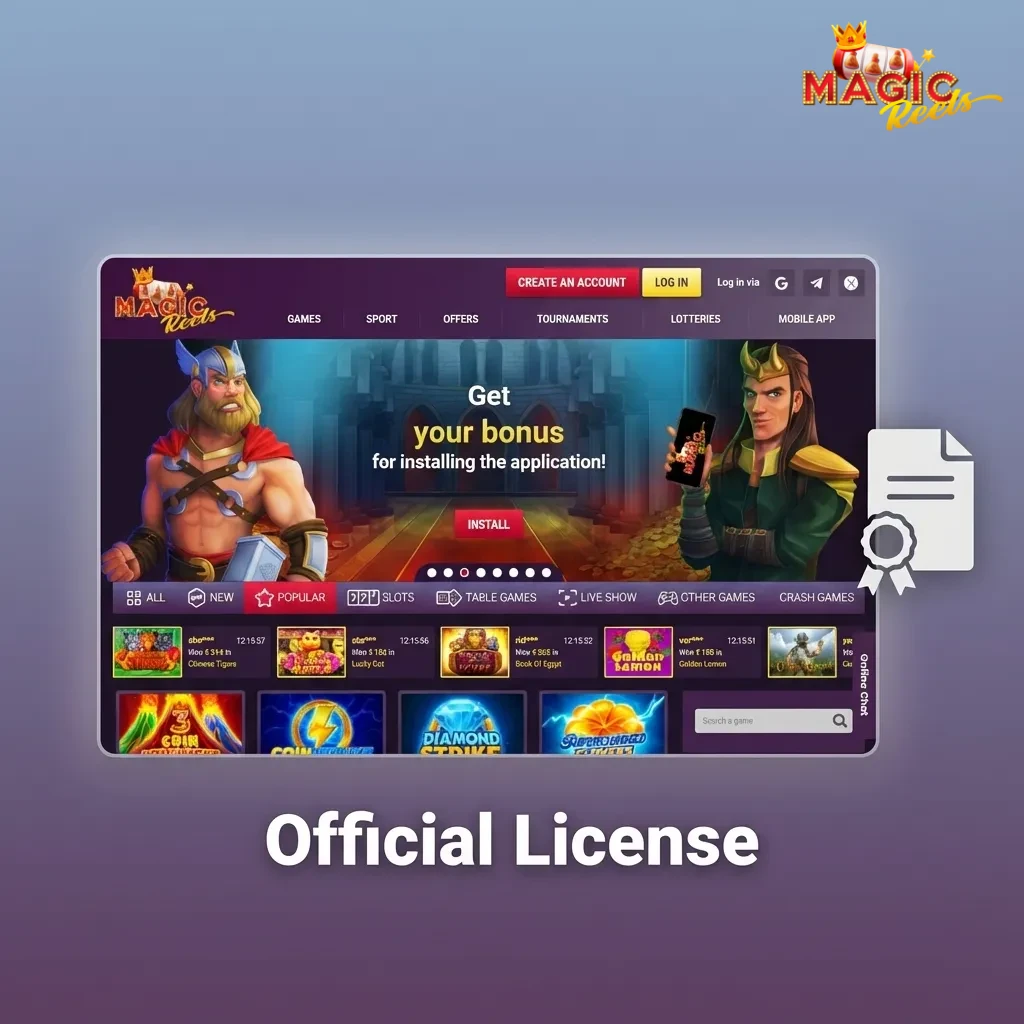 Curacao eGaming licence certificate for Magic Reels online casino and sports betting, issued in 2020 for international markets