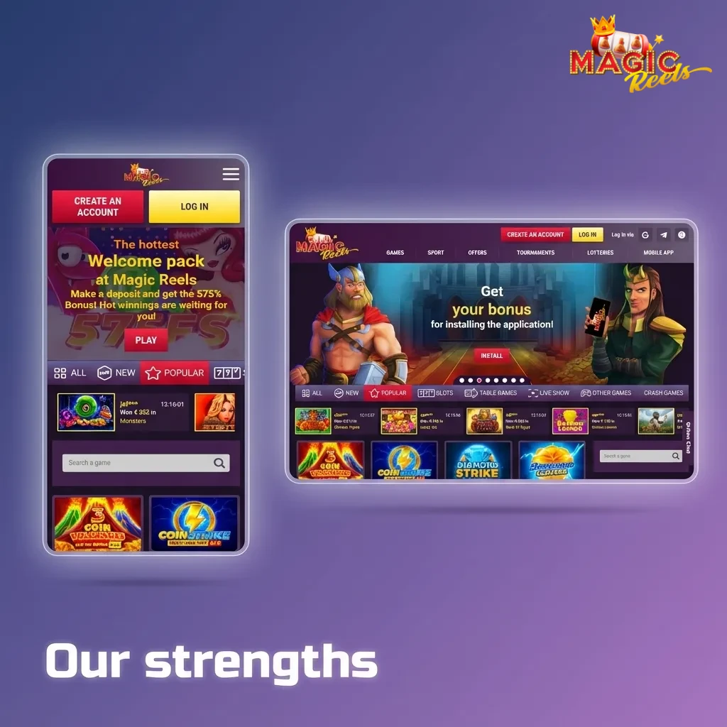 Graphic titled “Our strengths” showing sportsbook and casino icons, secure banking, 24/7 support, and integrated wallet benefits