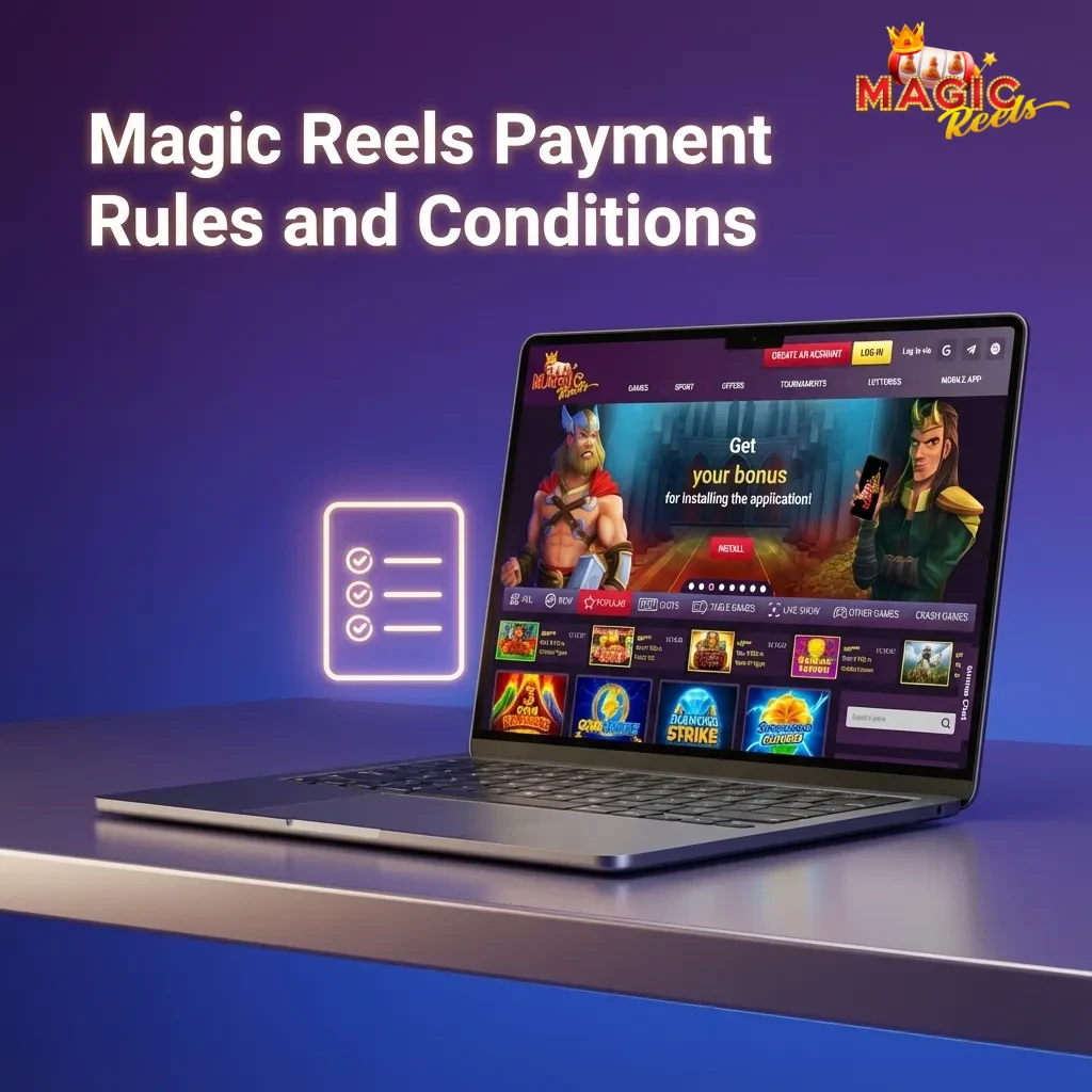 Infographic titled “Magic Reels Payment Rules and Conditions” showing UK deposit, withdrawal, limits, bonus and verification icons