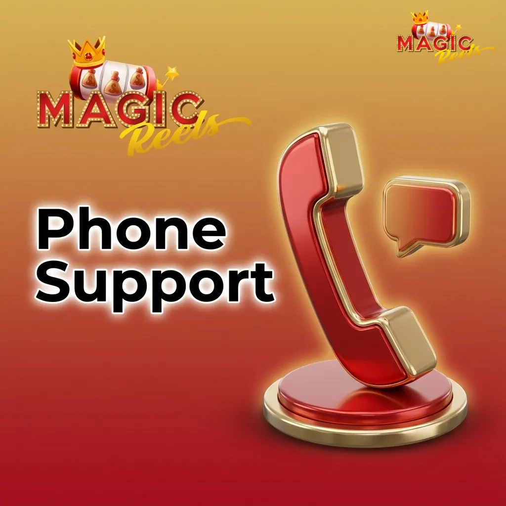 Illustration of a person calling Magic Reels customer support, with a phone icon and helpline number on screen.