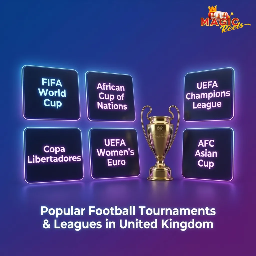 Graphic showing UK football betting options: Premier League, cups, European and international tournaments on Magic Reels platform