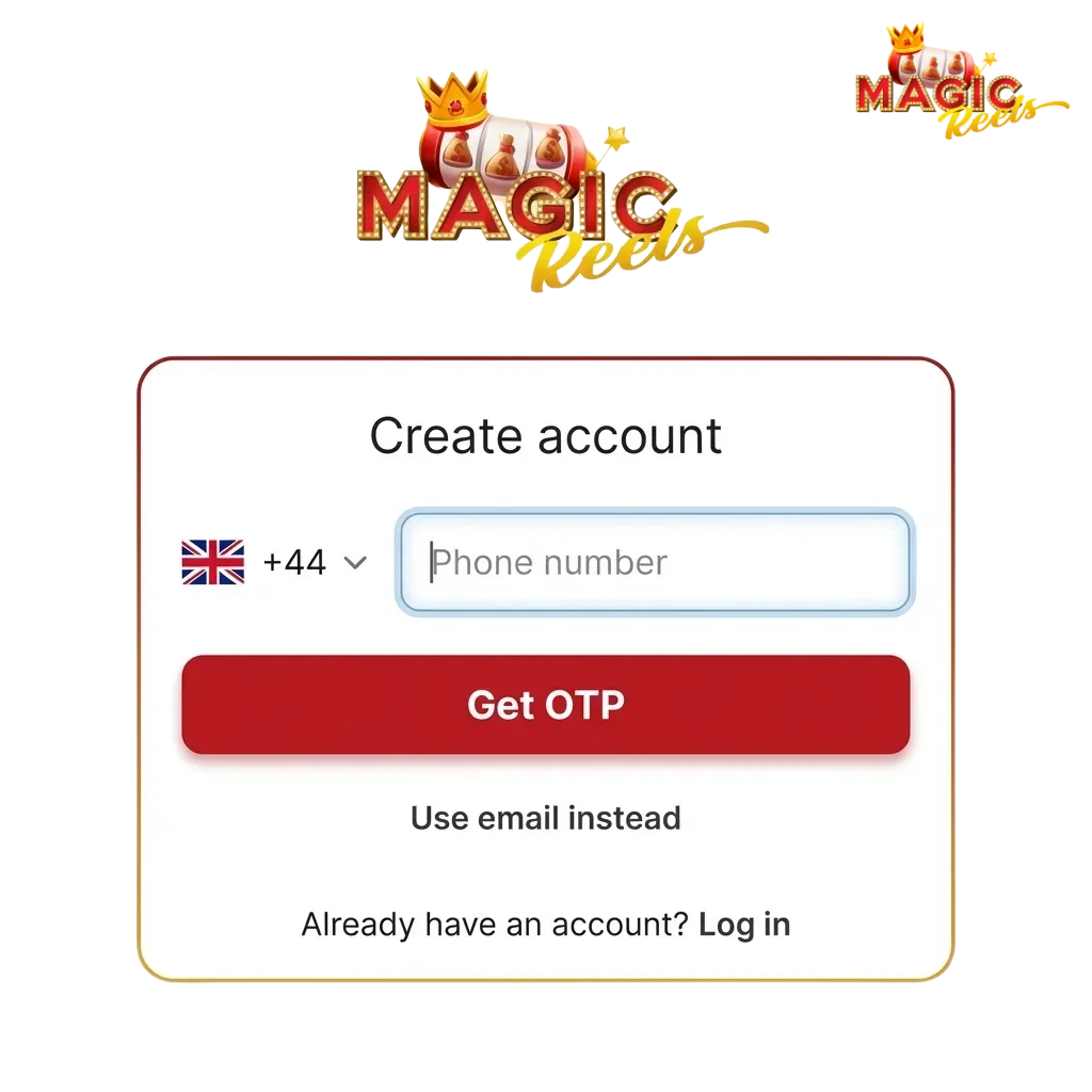 Illustration of Magic Reels signup, login and ID verification on desktop and mobile, highlighting secure play and tiered welcome bonuses