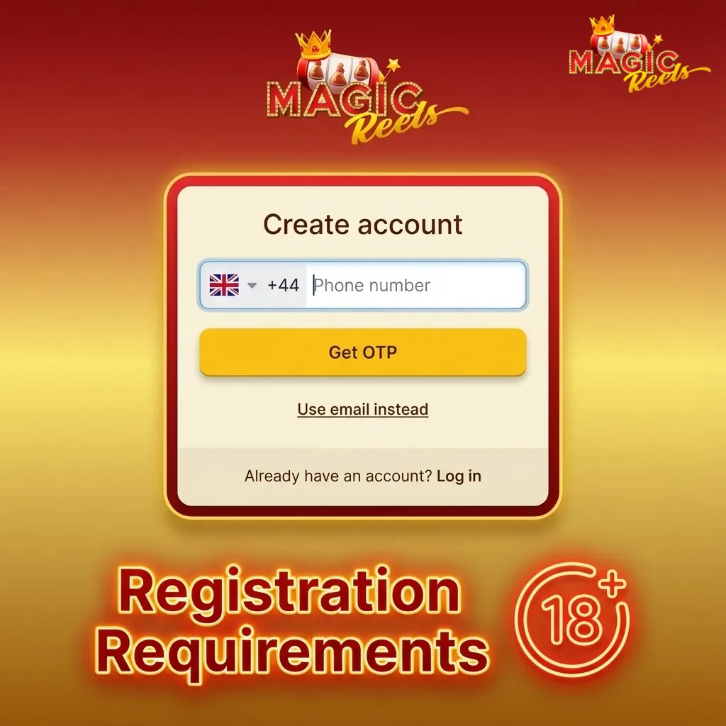 Illustration of Magic Reels UK registration rules: age 18+, ID and address verification, one personal account only.