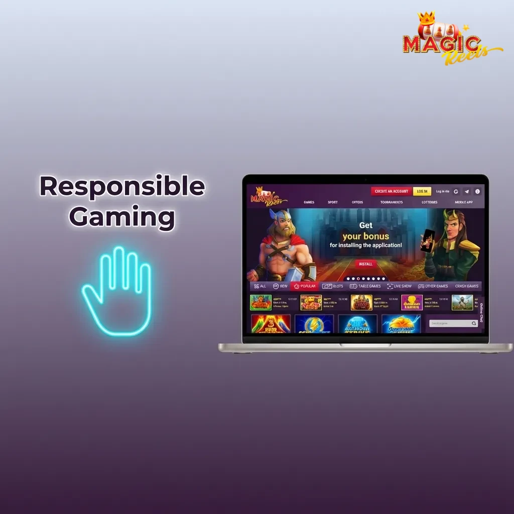 Illustration of a relaxed player using a laptop with icons for limits, breaks, self-exclusion and support promoting responsible gaming