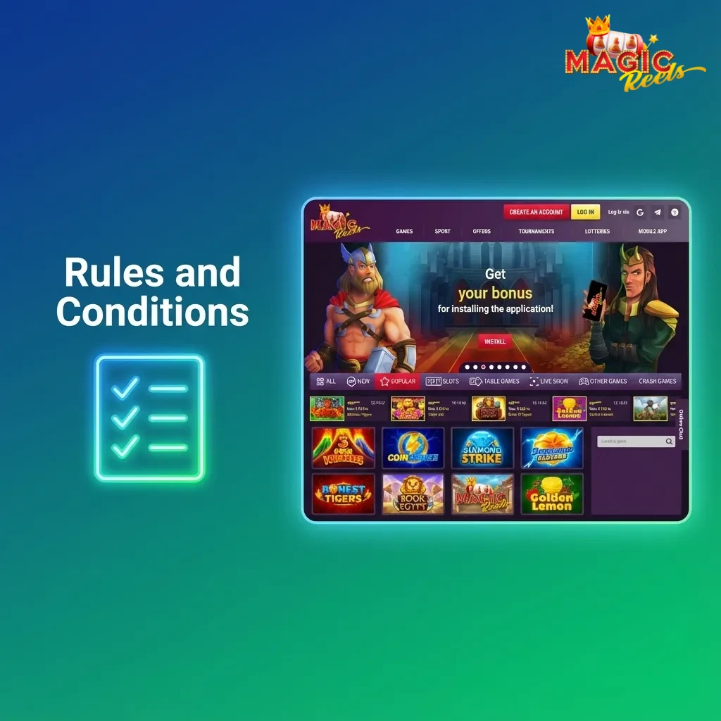 Magic Reels rules screen highlighting age limits, single account use, bonus conditions, bet settlement and ID verification