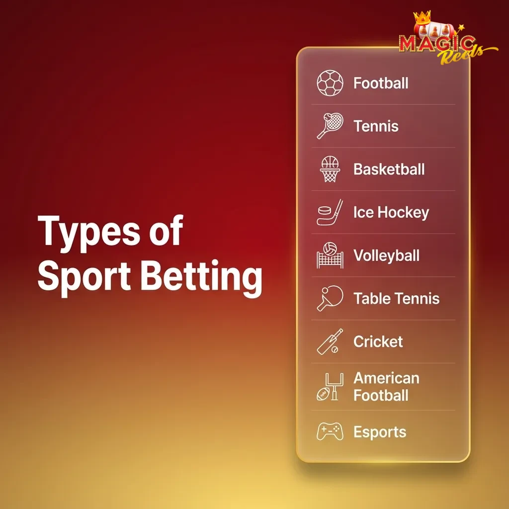 Sports betting site interface showing markets for football, cricket, rugby, tennis and horse racing with varied bet types
