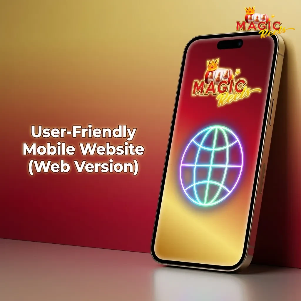 Smartphone displaying Magic Reels mobile website with casino and sports games in a responsive browser interface