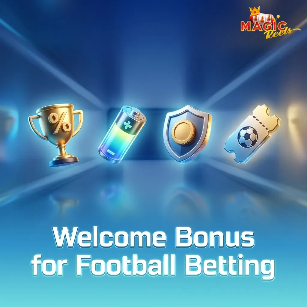 Magic Reels welcome bonus banner showing tiered football betting offers with percentages and wagering requirement details