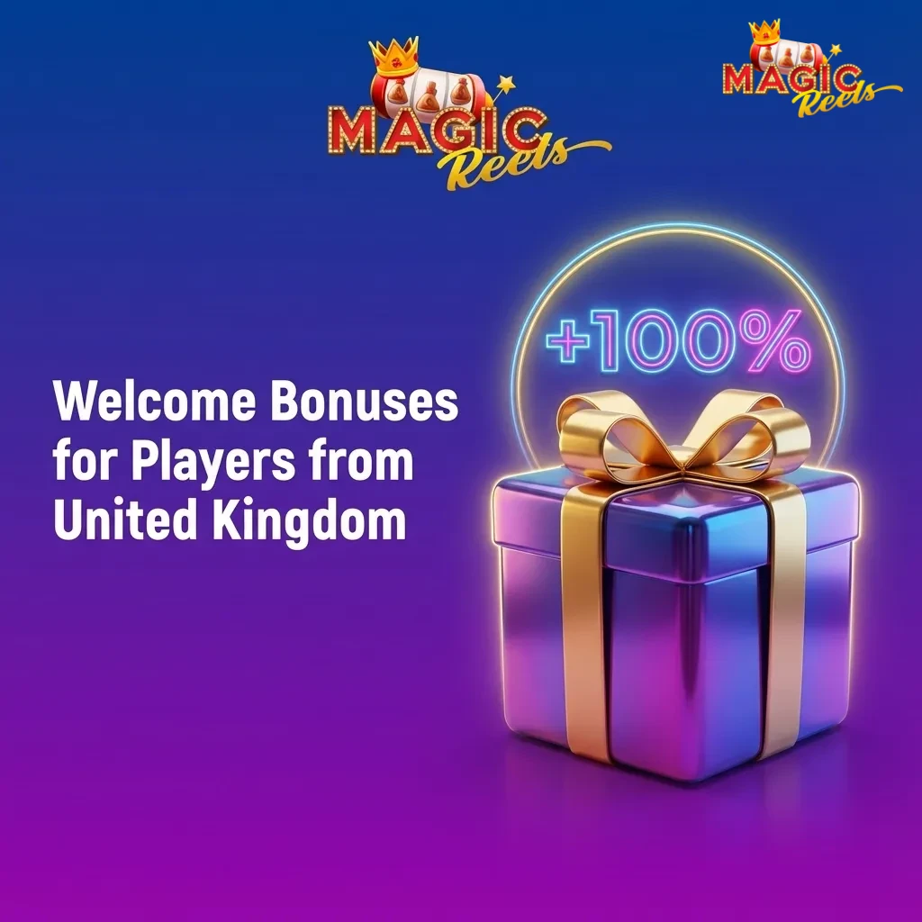 Banner showing tiered Magic Reels welcome bonuses in EUR for new UK players with x45 wagering requirements