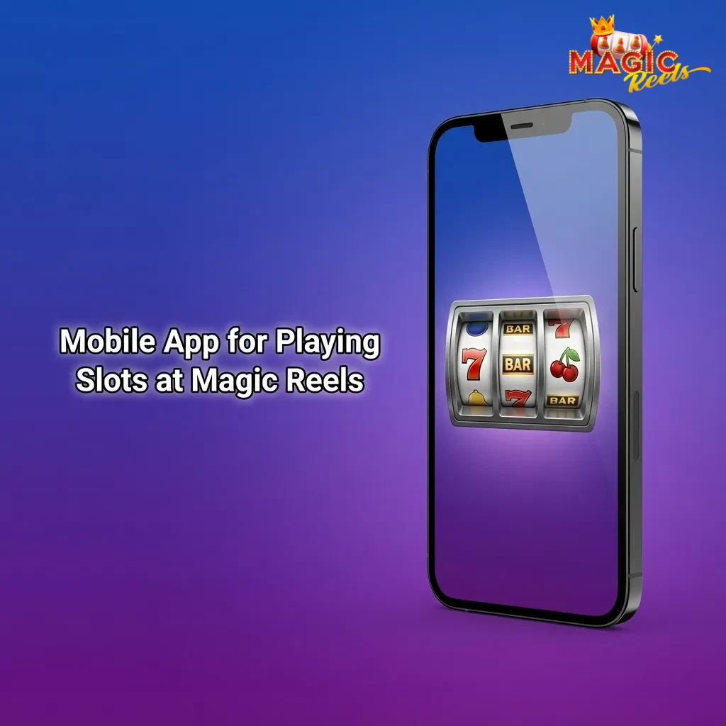 Smartphone displaying the Magic Reels slots app with colorful slot tiles and bottom navigation bar visible