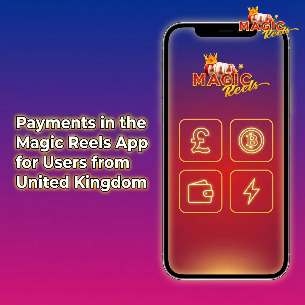 Magic Reels app UK payments screen showing debit cards and crypto wallet icons with secure, instant deposits and withdrawals