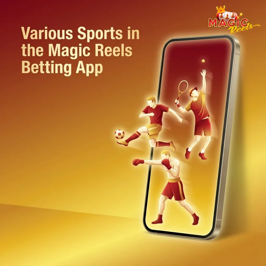 Magic Reels betting app screen showing icons for various sports and live match odds on a mobile phone