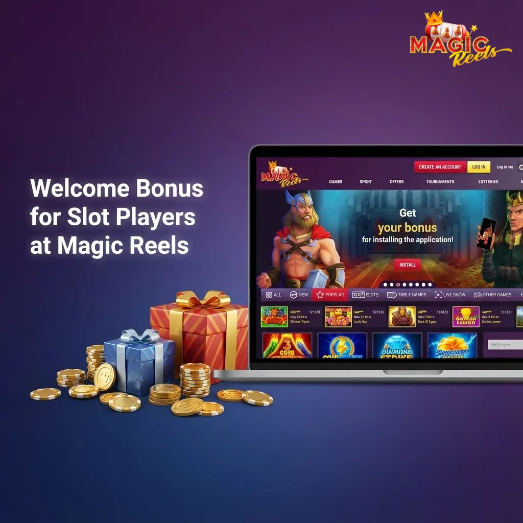 Colorful Magic Reels casino banner promoting tiered welcome slot bonuses for new and existing players