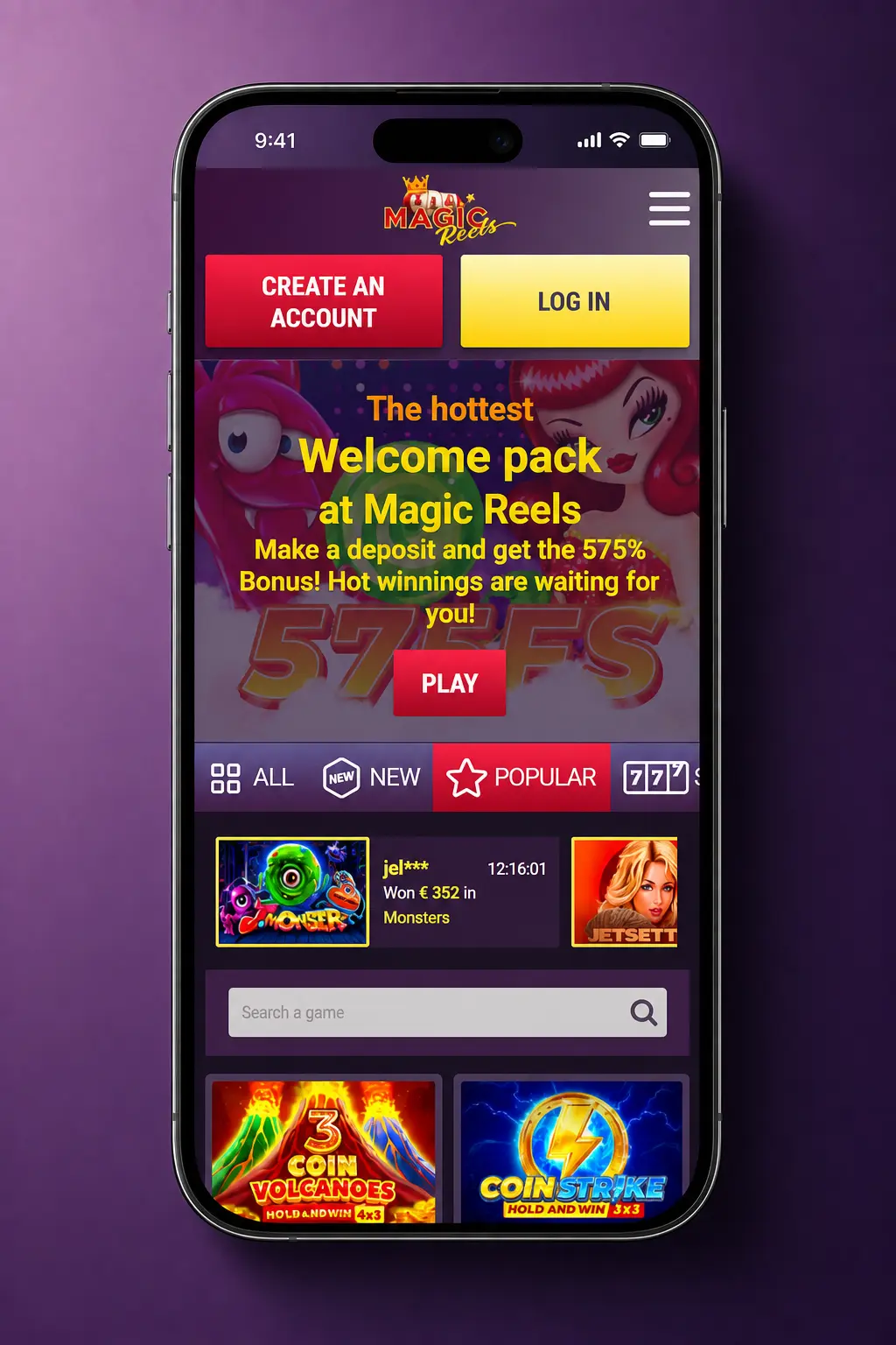 Magic Reels Casino KYC account verification process showing five steps to submit ID and proof of address documents
