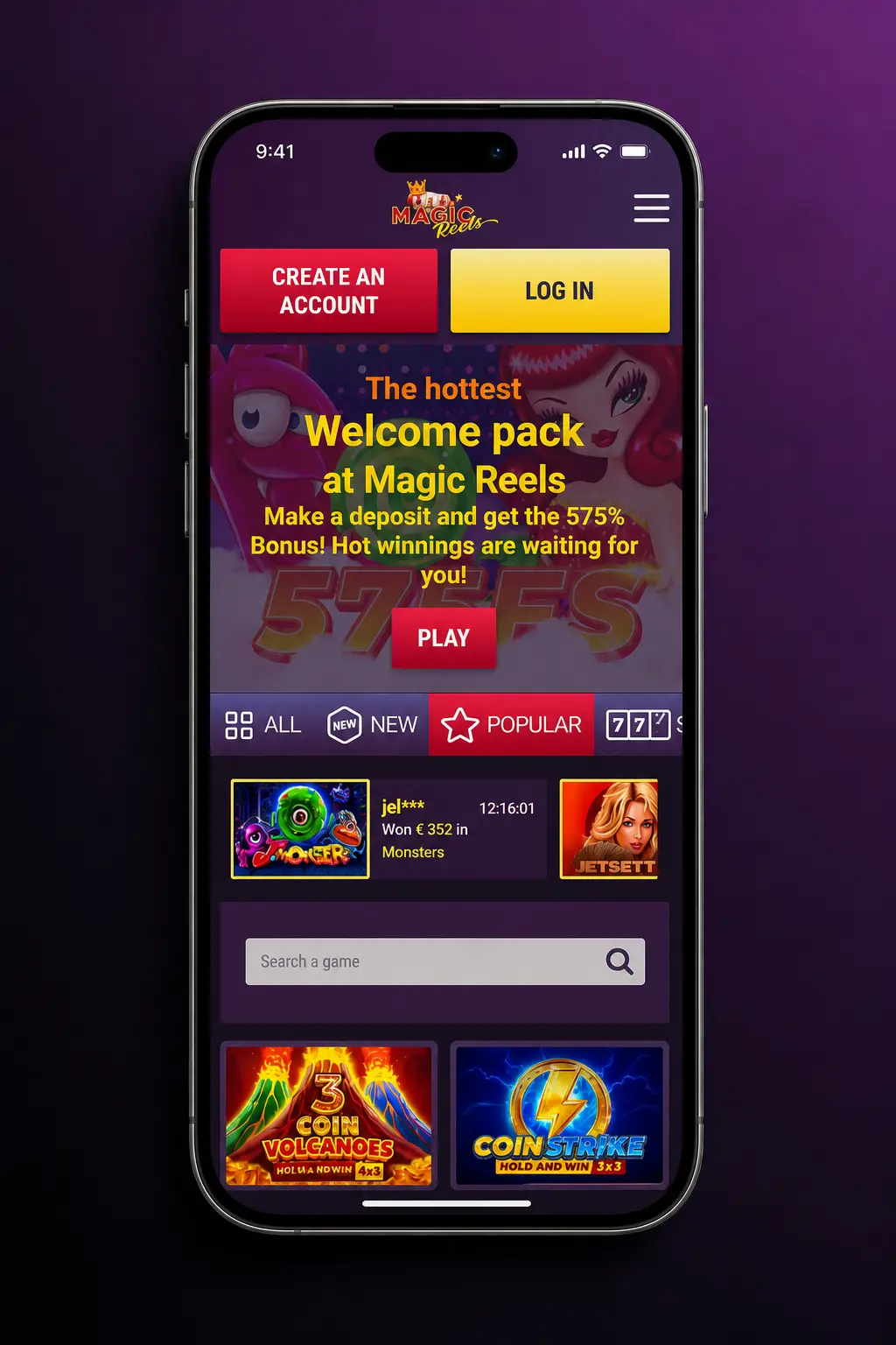 Magic Reels Casino app deposit instructions for UK users showing VISA, Mastercard, and USDT ERC20 payment options