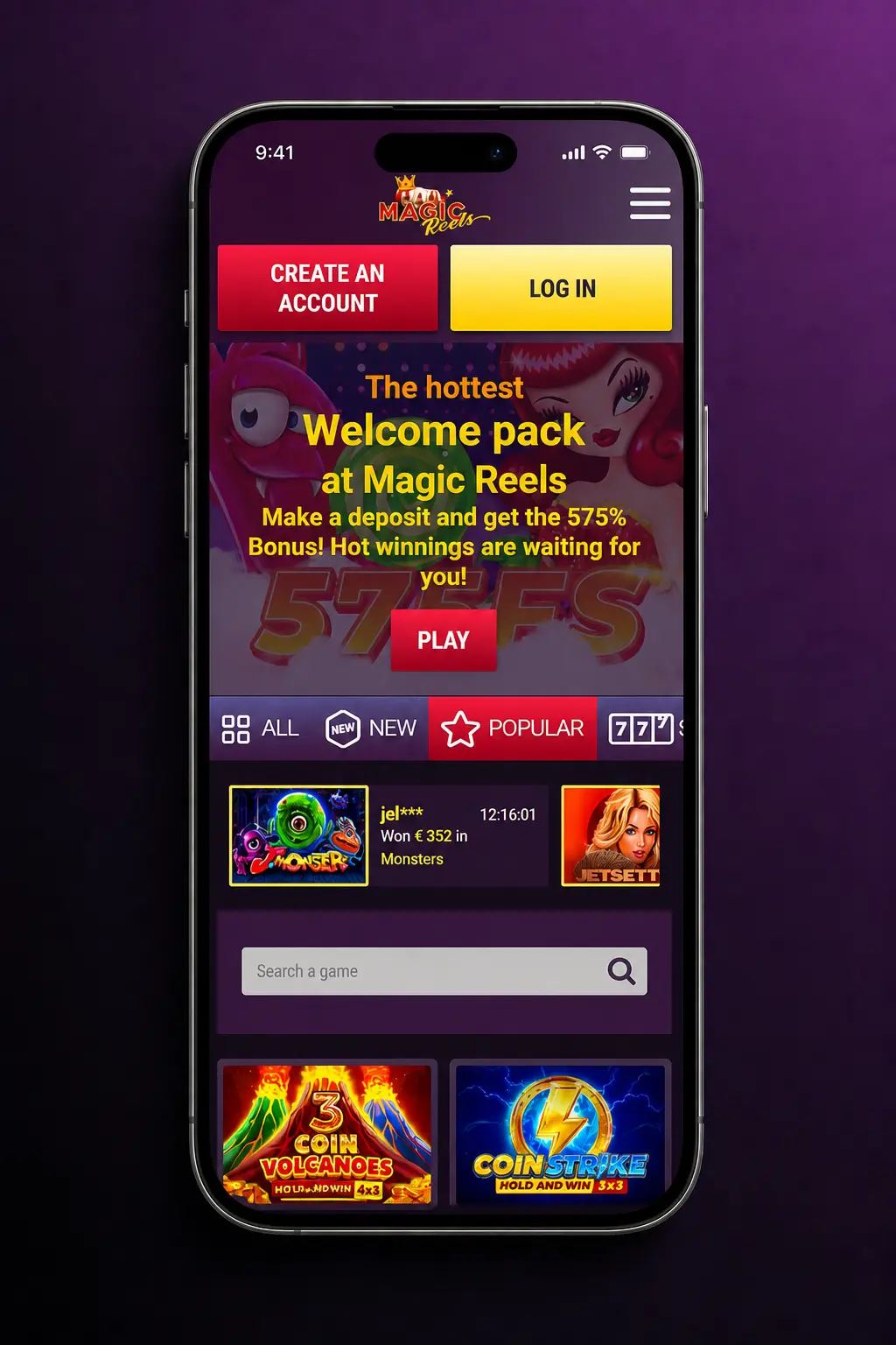 Magic Reels Casino app deposit instructions showing payment methods VISA, Mastercard, USDT ERC20 for UK users
