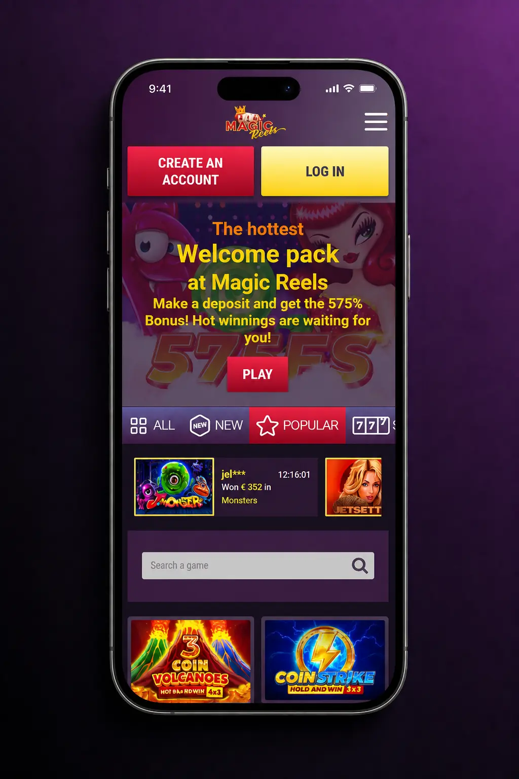 Magic Reels Casino app deposit instructions showing payment options VISA, Mastercard, USDT ERC20 for UK users