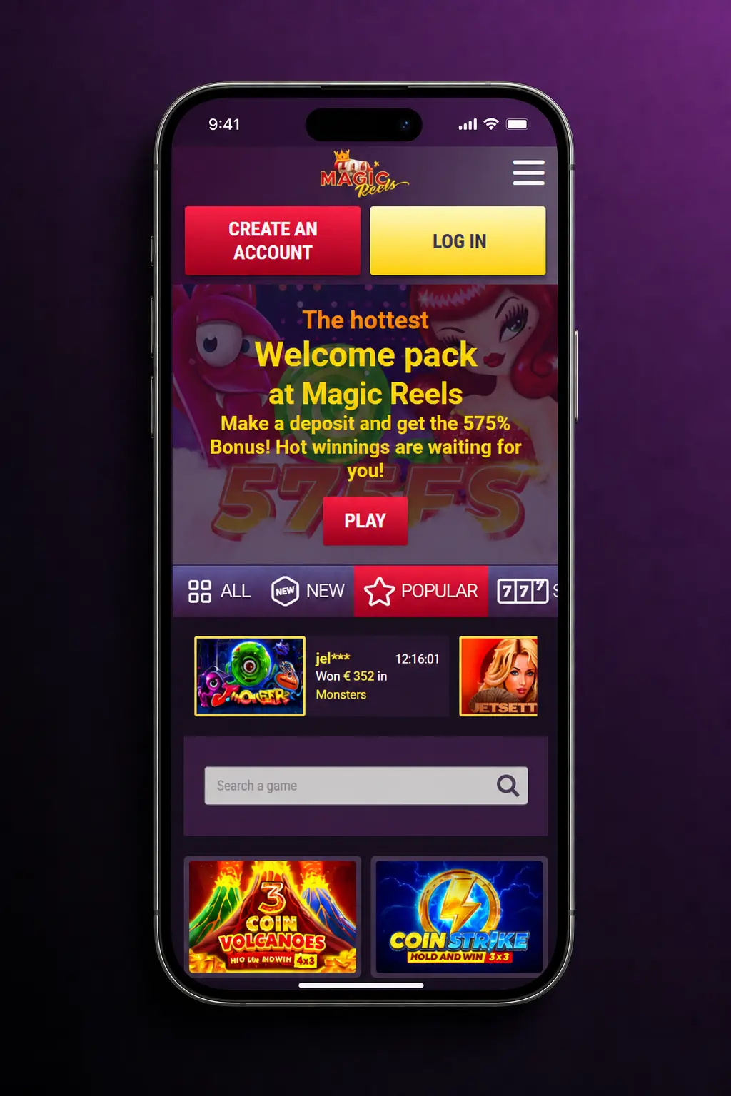 Magic Reels Casino app deposit instructions showing payment methods VISA, Mastercard, and USDT ERC20 for UK users