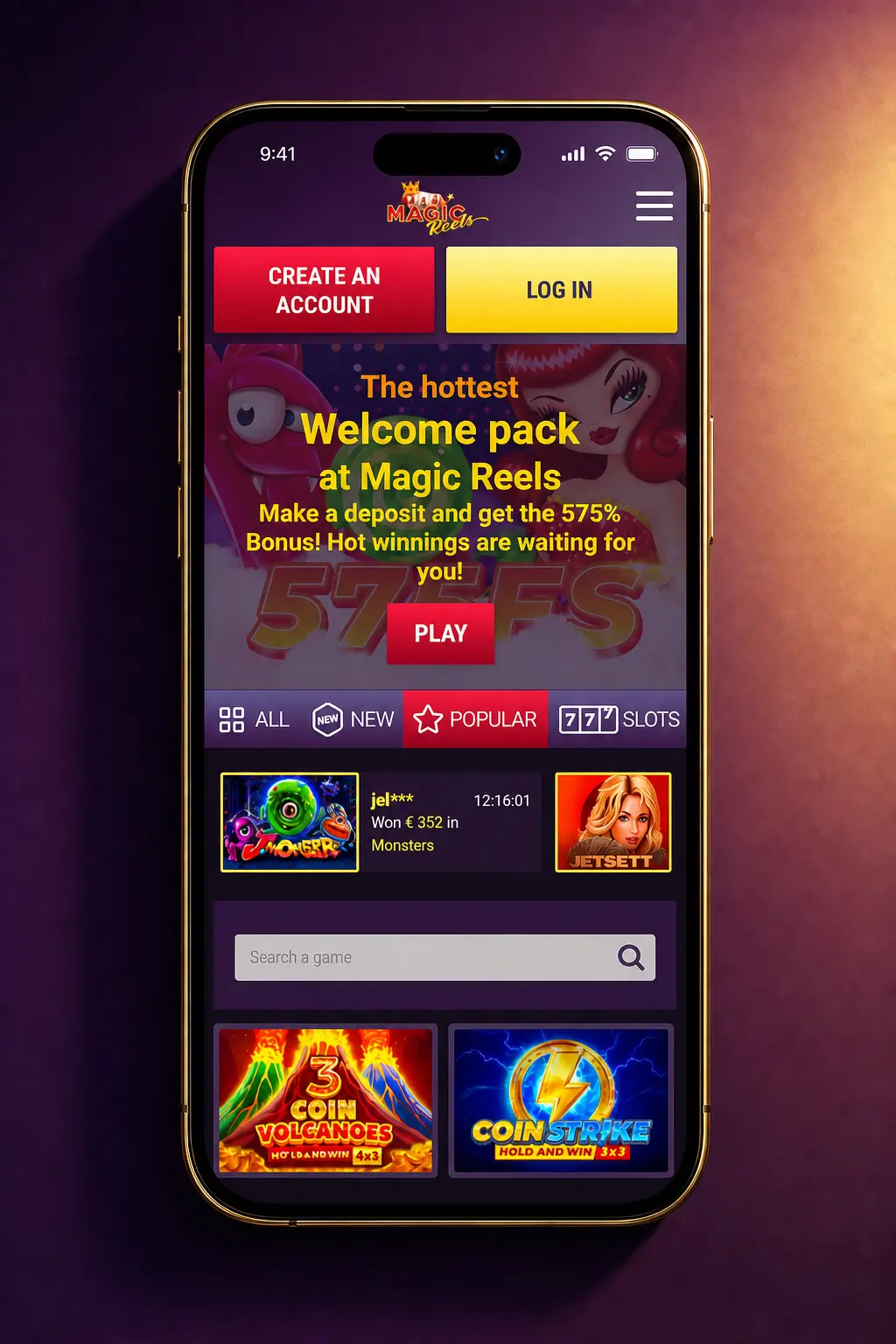 Magic Reels Casino APK download steps on Android showing 4 installation instructions for the mobile app