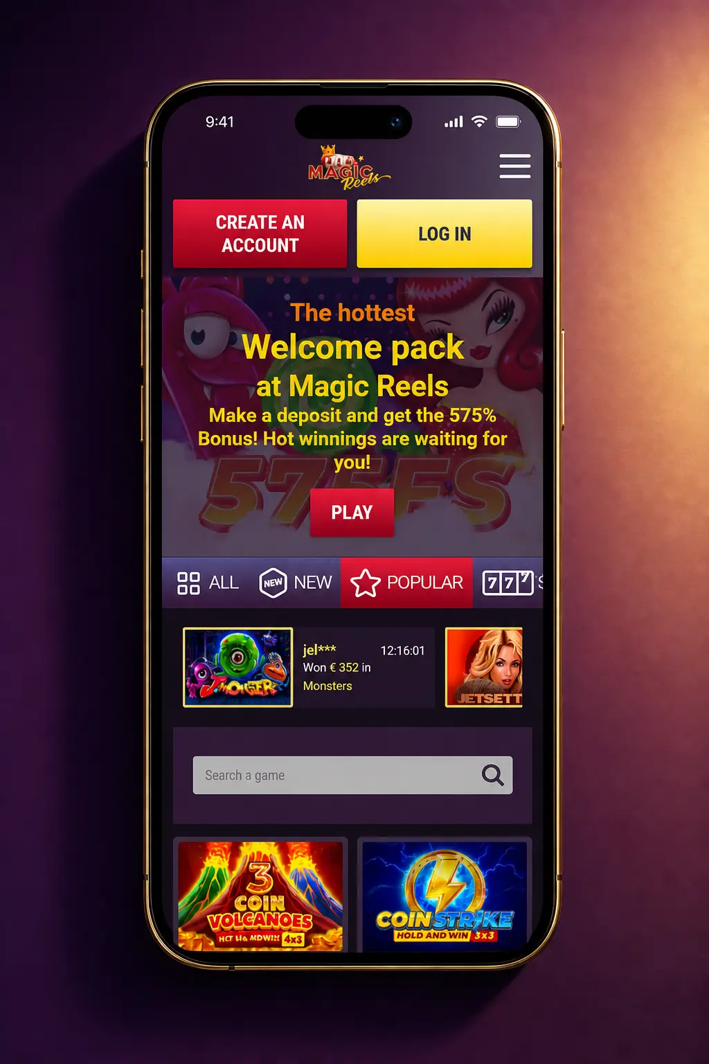 Magic Reels Casino APK Android install guide showing 4 steps: download, accept, enable unknown sources, install