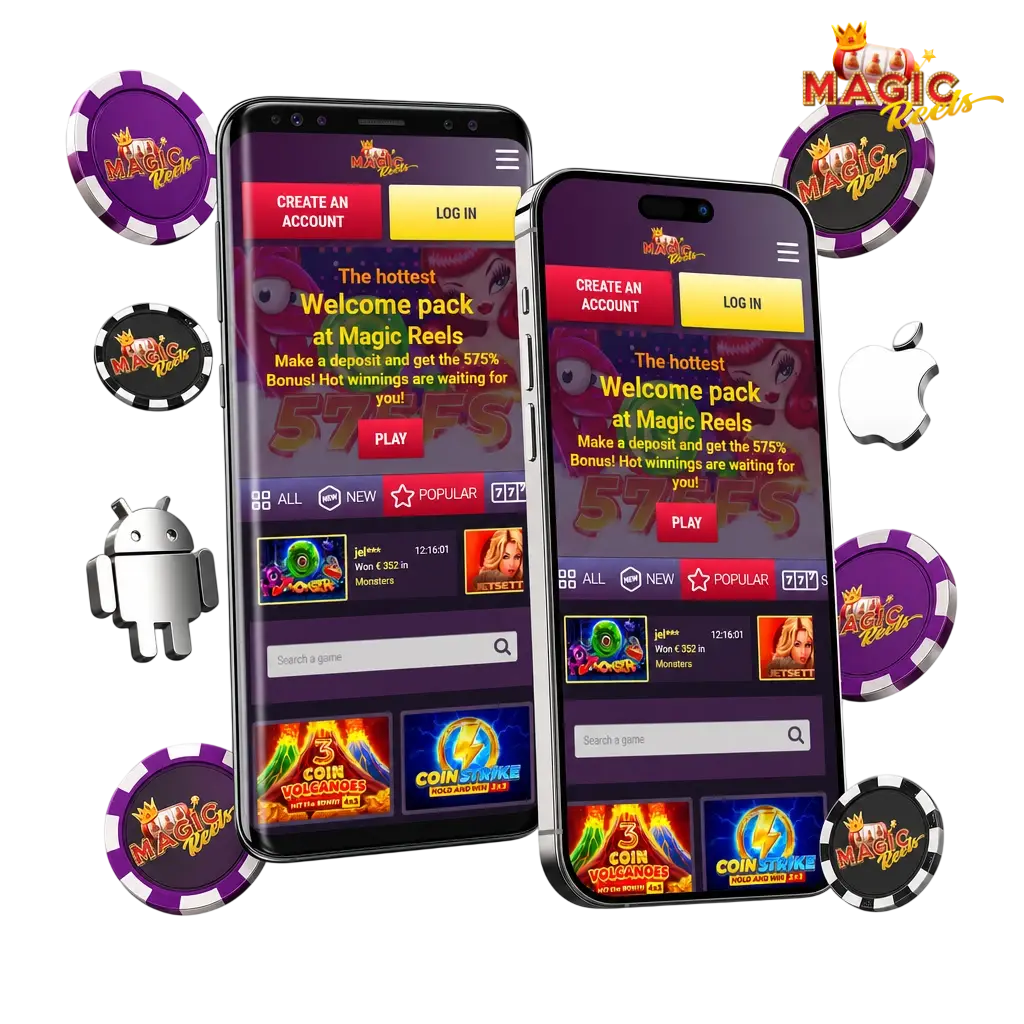 Magic Reels Casino mobile app for Android APK and iOS download, featuring casino games and sports betting in the UK