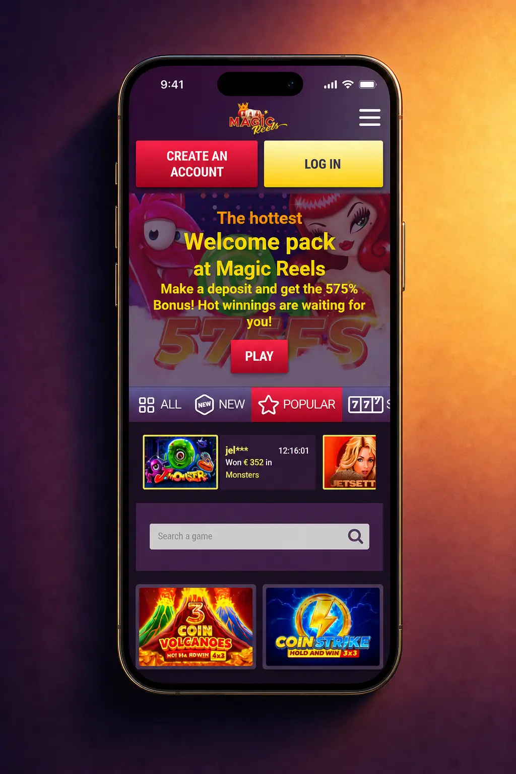 Magic Reels Casino mobile app login screen on iOS and Android with biometric sign-in support