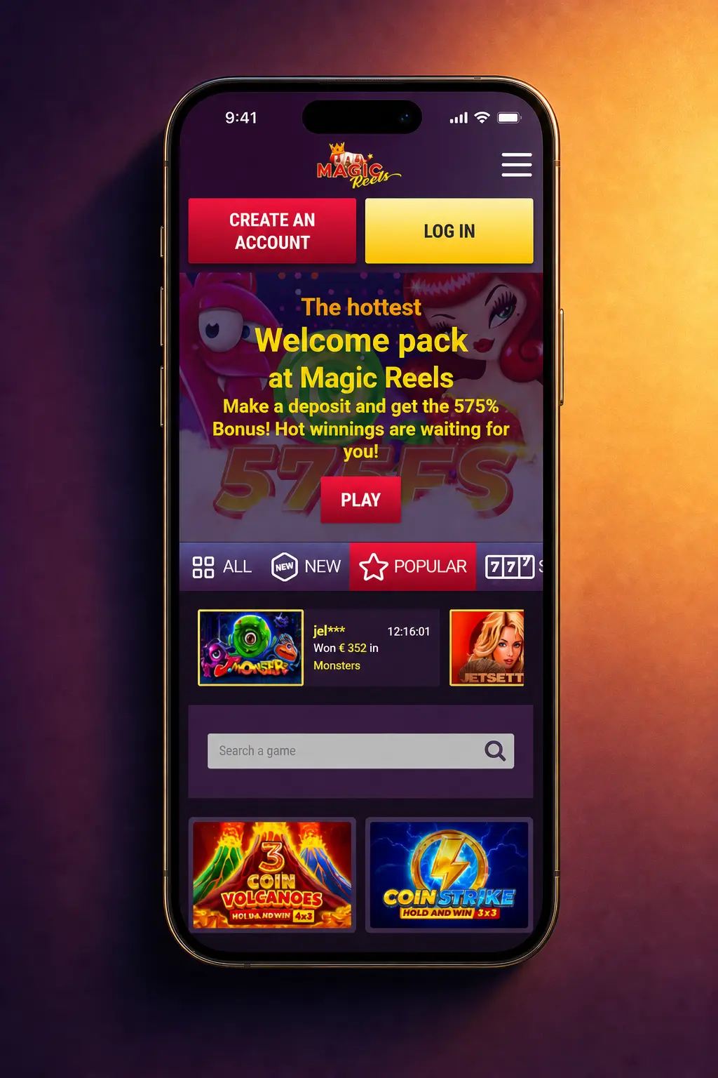 Magic Reels Casino mobile app login screen on iOS and Android with biometric sign-in support