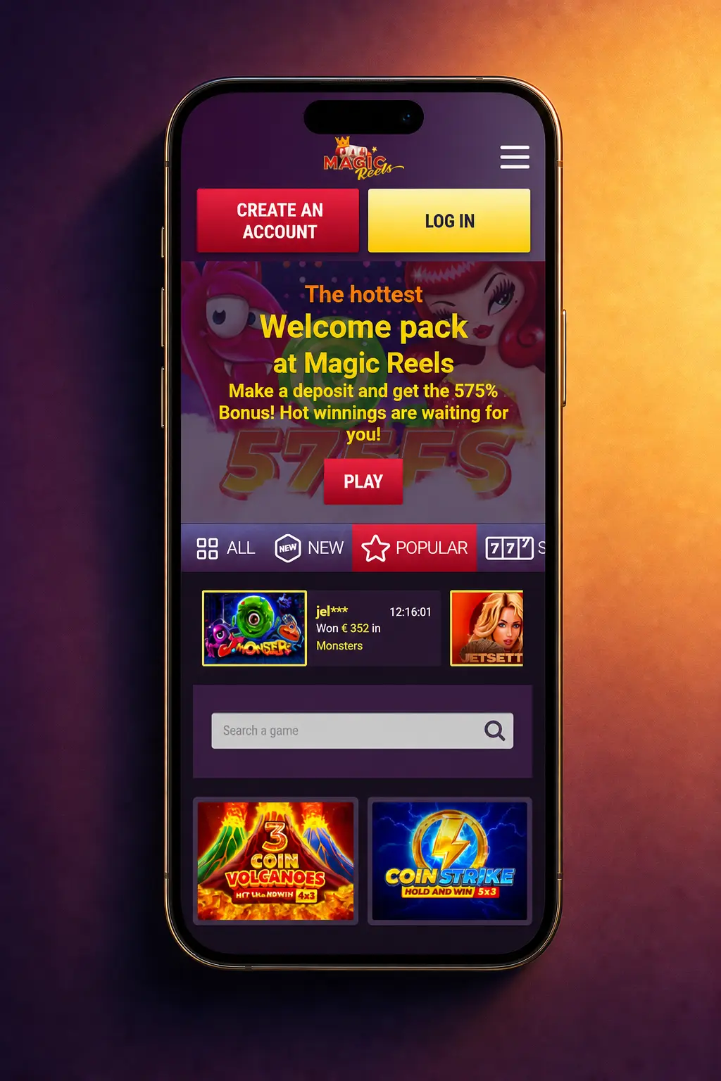 Magic Reels Casino mobile app login screen on iOS and Android with biometric sign-in support