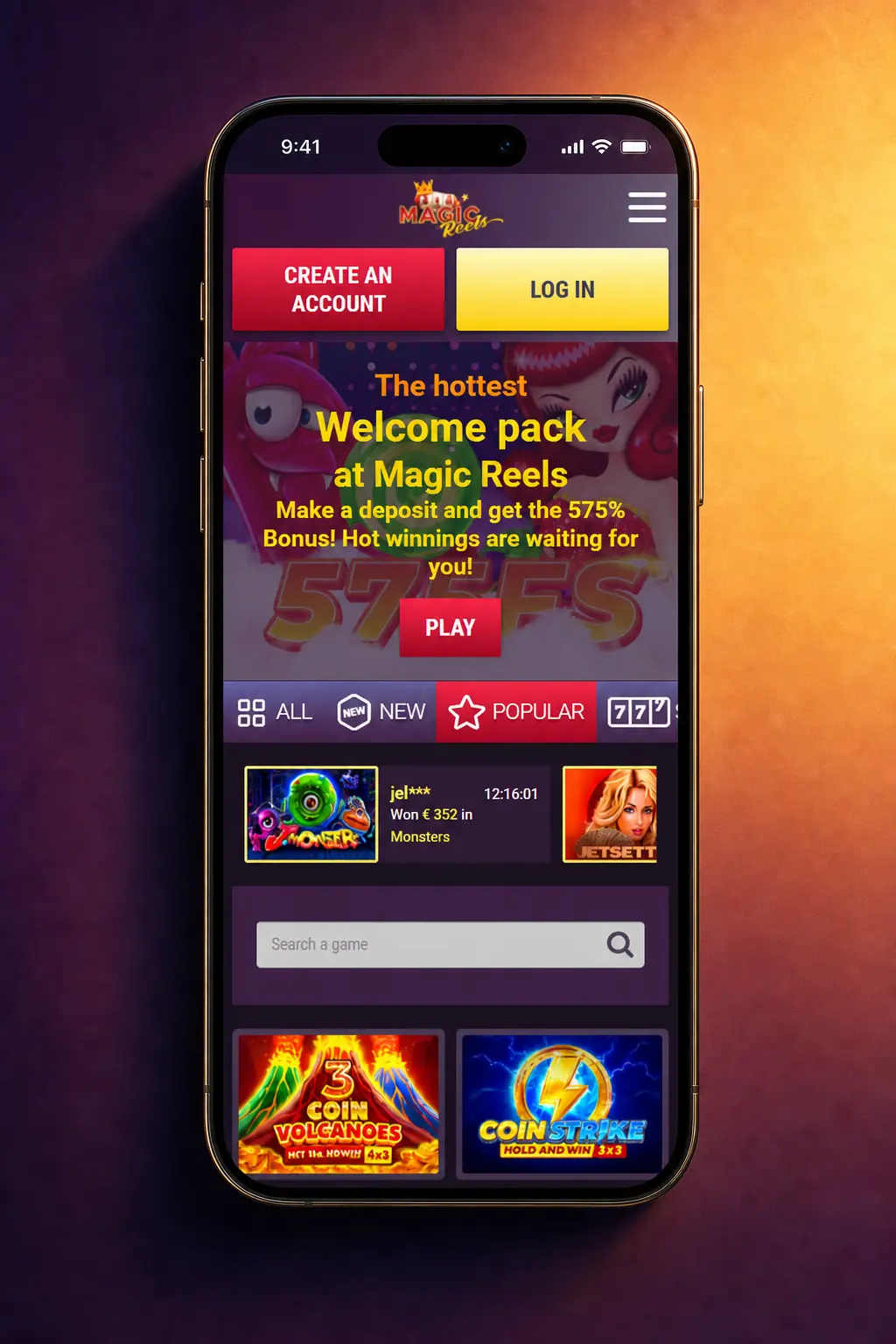 Magic Reels Casino mobile app login screen on iOS and Android with biometric sign-in support