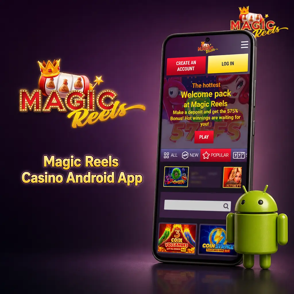 Magic Reels Casino Android app download screen showing real-money casino games and sports betting access