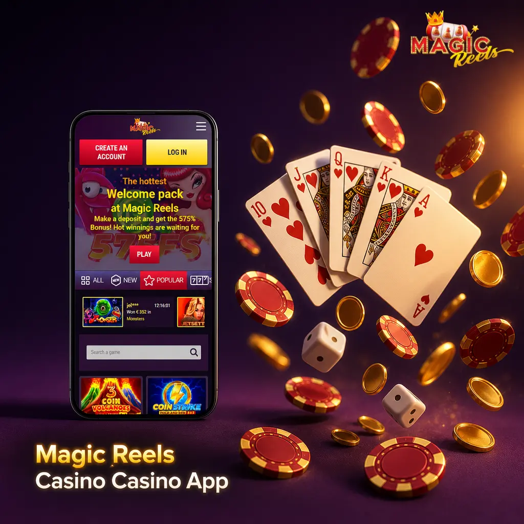 Magic Reels Casino app interface showing slots, live casino, and sportsbook with NetEnt and Evolution Gaming titles
