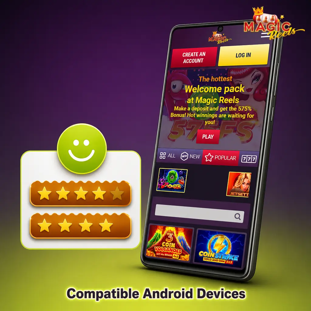 Compatible Android devices for Magic Reels Casino app including Samsung, Google Pixel, OnePlus, Xiaomi, Sony and more